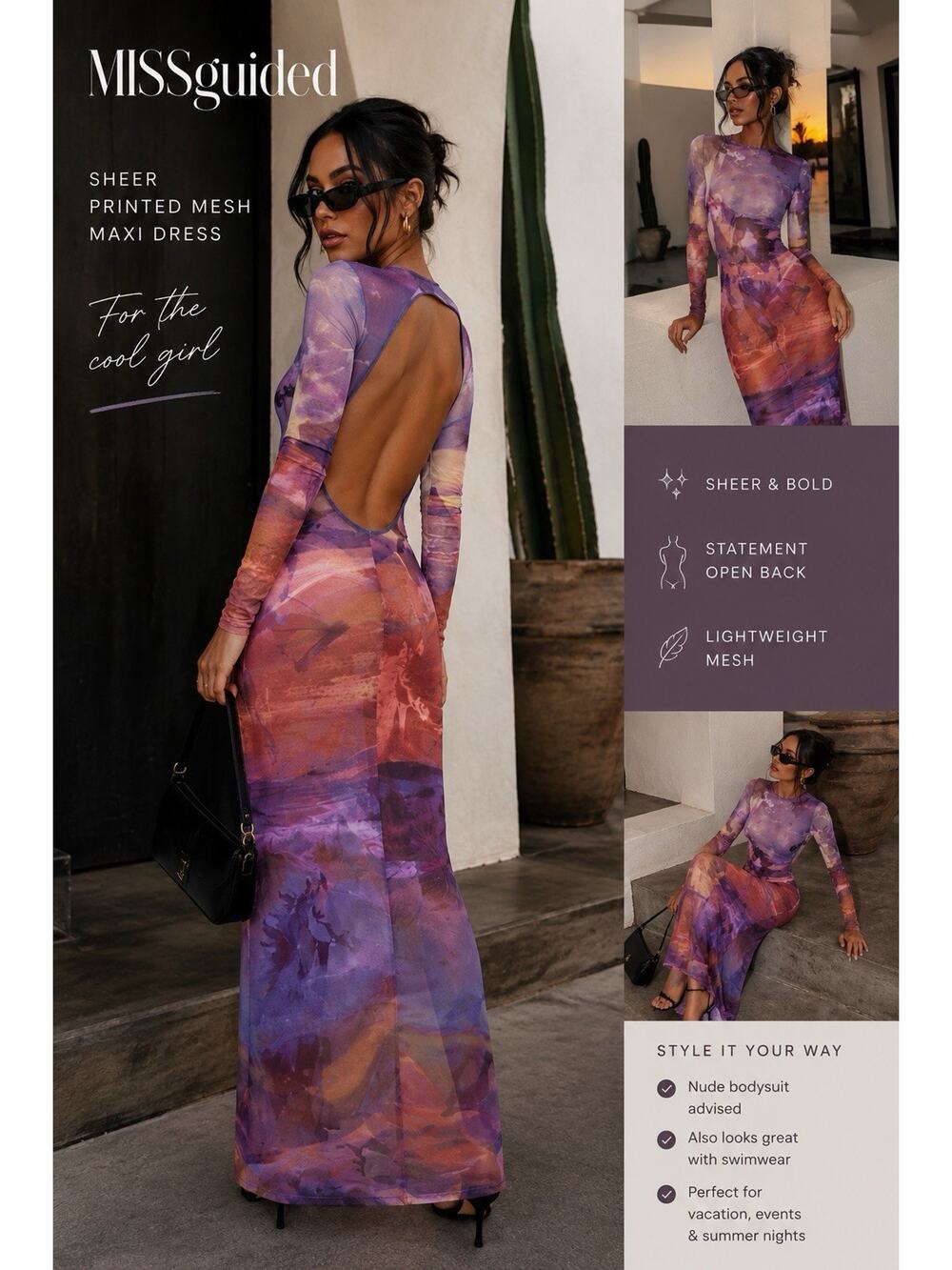 Missguided Sheer Printed Mesh Cut Out Back Long Sleeves Maxi Dress Sz M